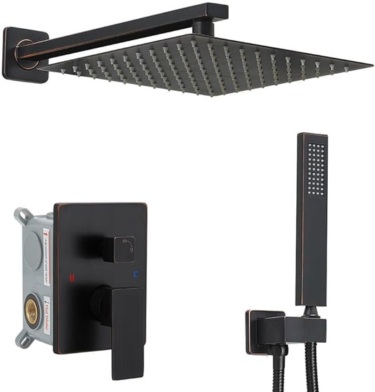 Shower Faucet Set Complete, Wall Mount Shower System for Bathroom 12 Inch High-Pressure Rainfall Shower with Handheld, Rough-in Valve Body and Trim Kit, Oil Rubbed Bronze