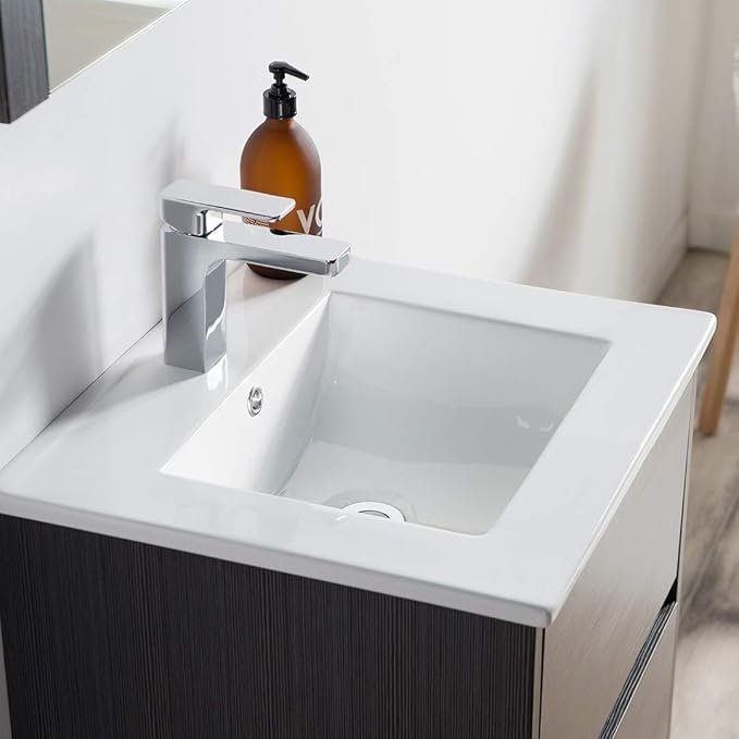 Blossom Single Bathroom Vanity with Ceramic Sink and Mirror | All Wood Floating Vanity Cabinet | 2 Soft-Closing U-Shaped Cutout Drawers | 20" w/Ceramic Sink and Mirror, Silver Grey