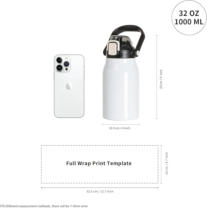 PYD Life 3 Pack Sublimation Water Jugs Bottles Vacuum Flasks White Blanks 32 OZ with Portable Sippy Up Lid and Straw Large Stainless Steel Travel Tumblers Cups Mugs for Tumbler Heat Press Printing