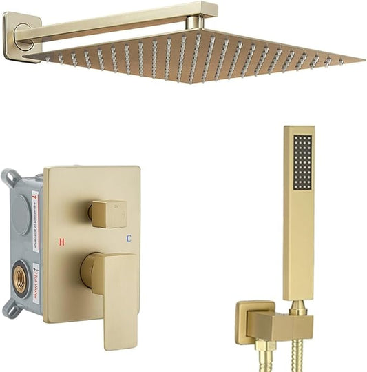 Shower Faucet Set Complete, Wall Mount Shower System for Bathroom 12 Inch High-Pressure Rainfall Shower with Handheld, Rough-in Valve Body and Trim Kit, Brushed Gold