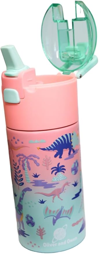 Kids insulated water bottle with straw and snack cup. Double wall stainless steel 14oz (hot peach and light turquoise dinosaur)