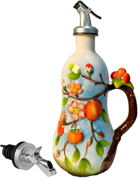 18.26oz/540ml Ceramics Olive Oil Dispenser Bottle,Hand Painted Reliefs Oil Dispenser for Kitchen,Oil Bottles for Kitchen (Persimmon)