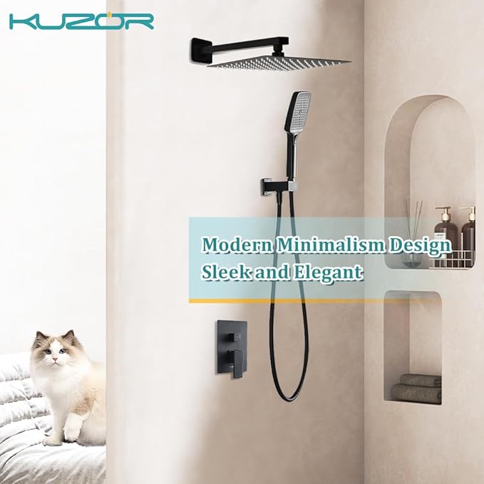 1Pc 304 Stainless Steel Shower Faucet Set, Rain Shower Head with Handheld Spray, Square Shower Head with 3 Setting Handheld Combo and Brass Valve Kit (Matte Black, 12 Inch Rain Shower Head)
