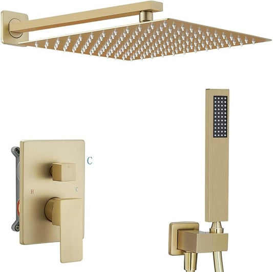 Shower Set Rain Shower System 12 Inch Ultra Large Shower Head High Pressure Brushed Gold Surface Dual Function Shower Vavle Trim Kit for Bathroom Shower Room Remodle