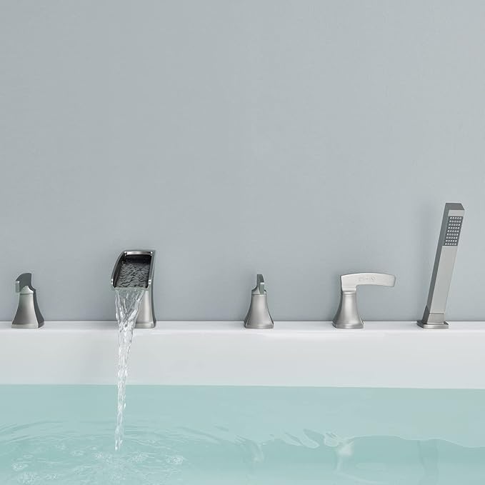 Roman Tub Faucet Waterfall Deck Mount Tub Filler Brushed Nickel Bathtub Faucets 5 Hole Brass Bathroom Faucets with Hand Shower