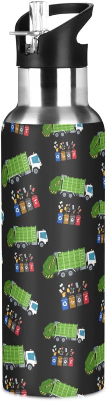 Garbage Truck Trash Recycling Stainless Steel Water Bottle with Straw Lid - 20 Oz Sports Insulated Water Bottle Thermos for Sport Gym Outdoor Travel School (DZ008)