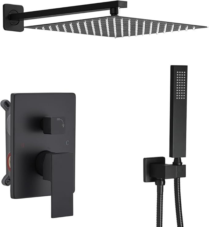 Rainfall Shower System Matte Black Shower Faucet Set with High Pressure 12inch Shower Head Hand Held Square Shower Head Bathroom Luxury Rain Mixer Shower Complete Combo Set Wall Mounted