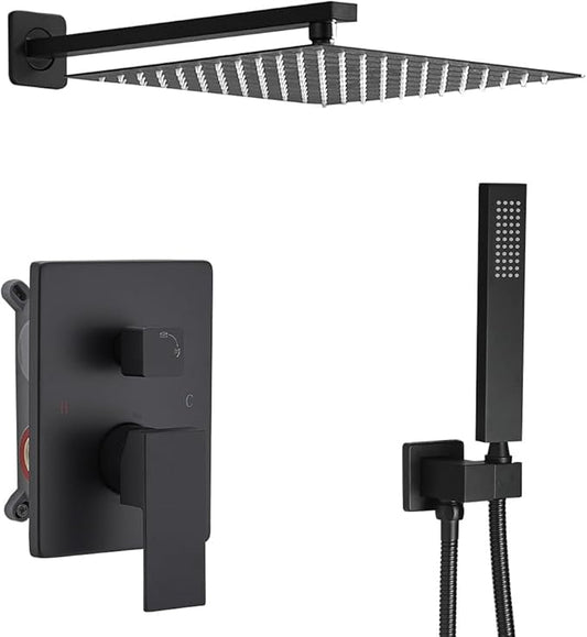 Rainfall Shower System Matte Black Shower Faucet Set with High Pressure 12inch Shower Head Hand Held Square Shower Head Bathroom Luxury Rain Mixer Shower Complete Combo Set Wall Mounted