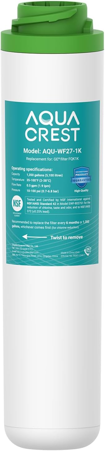 AQUA CREST FQK1K Under Sink Water Filter, 1350 Gallons, Replacement for GE FQK1K, FQK2J, GXK185K and GX1S50R (Pack of 1)