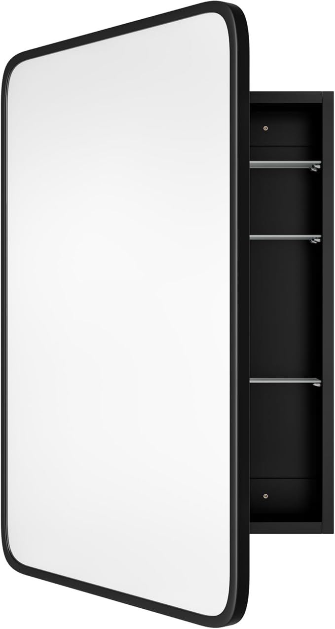 Vintage-Style Bathroom Wood Black Cabinet with 17.5''x29'' Black Metal Frame Curved Mirror, Recessed Medicine Cabinet, Bathroom Storage Cabinet