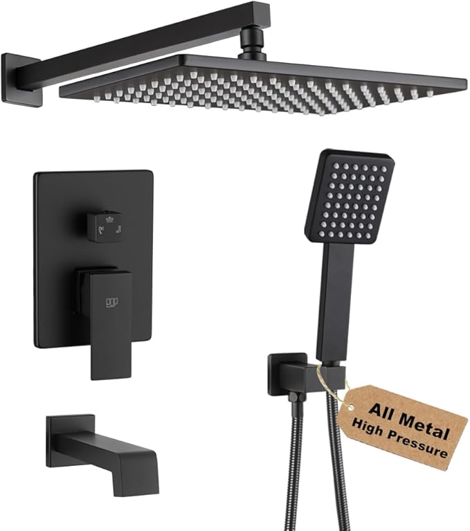 POP SANITARYWARE Matte Black Shower Tub Faucet Set Bathroom Rain Shower System with Tub Spout Wall Mounted Rainfall 12 Inch Shower Head and Handle Set Include Shower Valve and Trim Kit