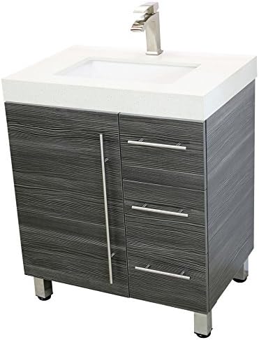 30" Freestanding Bathroom Vanity, Dark Grey. White Integrated Countertop