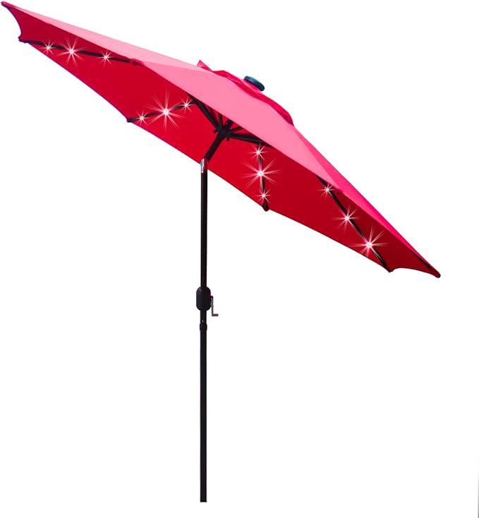 Sunnyglade 9' Solar LED Lighted Patio Umbrella with 8 Ribs/Tilt Adjustment and Crank Lift System (Red)
