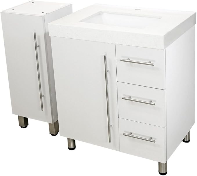 30" Freestanding Bathroom Vanity, White Texture Embossed. White Integrated Countertop