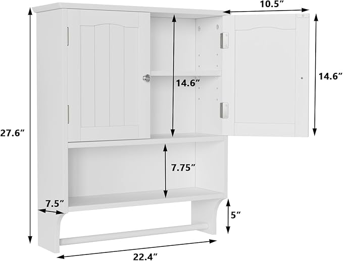Smuxee White Bathroom Cabinet Wall Mounted with Towels Bar, Bathroom Medicine Cabinet with 2 Door Adjustable Shelves, Over Toilet Cabinet for Bathroom Laundry Room Kitchen