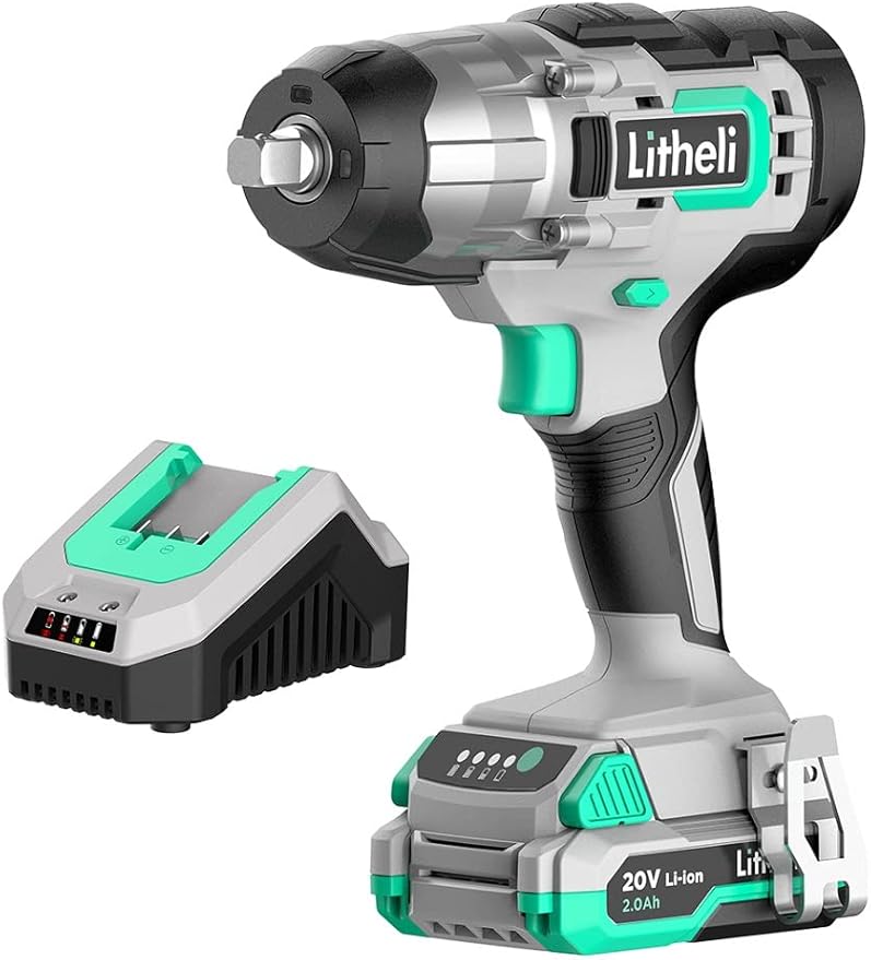 LiTHELi Impact Wrench Cordless, 1/2 inch Power Impact Wrenches Max Torque 320 ft-lbs(430N.m), 20V Impact Gun Kit with 2.0Ah Li-ion Battery ＆ Fast Charger, Electric Impact Gun for Car Tiers