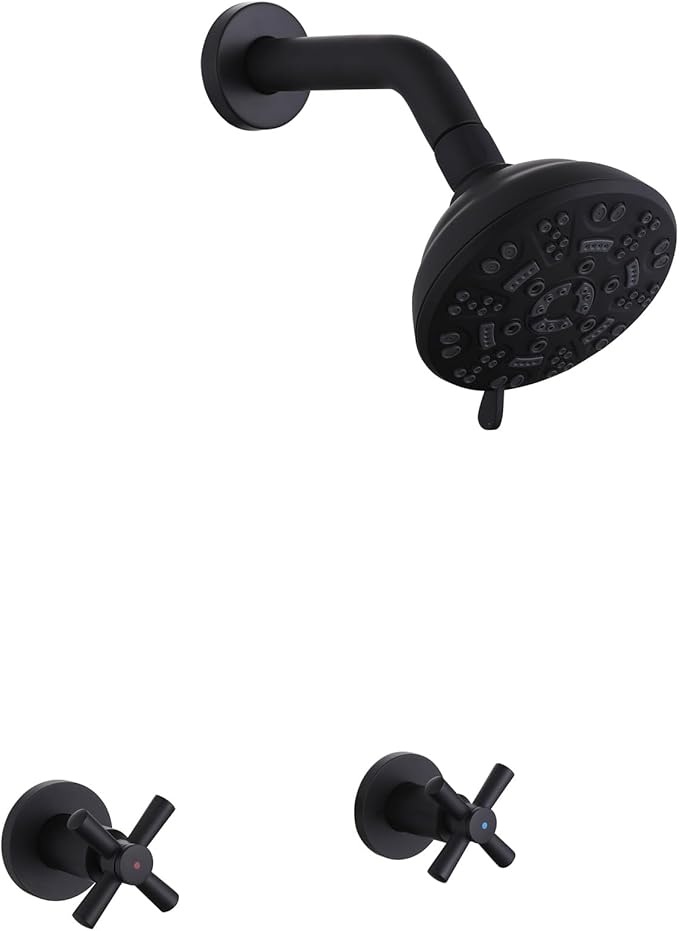 2 Handle Shower Faucet,Wall Mounted Two Handles Shower Faucet Set with 8 Modes Rainfall Shower Head,2 Knobs Single Function Shower Trim Kit with Rough-in Valve,Matte Black