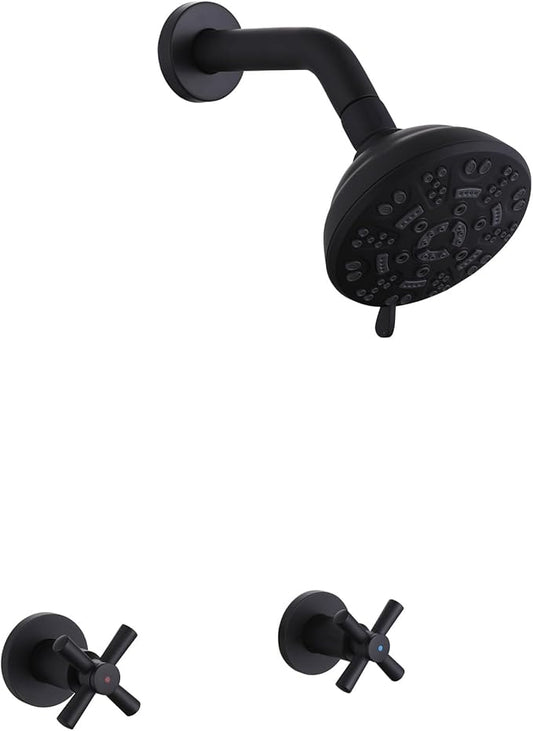 2 Handle Shower Faucet,Wall Mounted Two Handles Shower Faucet Set with 8 Modes Rainfall Shower Head,2 Knobs Single Function Shower Trim Kit with Rough-in Valve,Matte Black