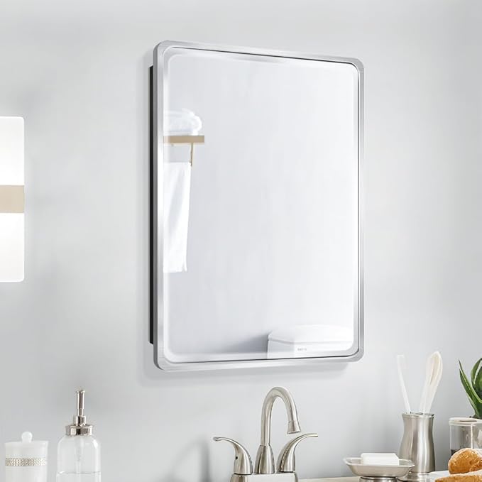 16×26inch Medicine Cabinet,Brushed Aluminum Framed,Beveled Mirror,Soft Closing Hinge,Sliver,Detachable Side Plate for Recess Mount or Surface Mount