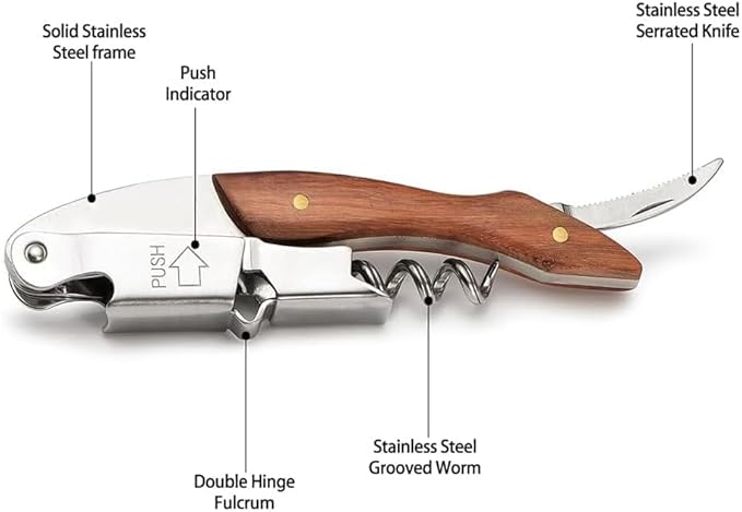 Bottle Opener, Professional Waiters Corkscrew With a Comfortable Rosewood Handle, Loaded Double Lever Cap Remover, Used By Sommeliers, Waiters, and Bartenders, 13, Silver, AG-001