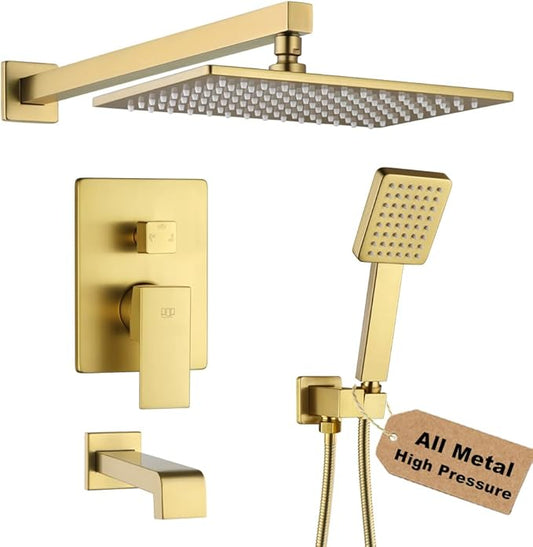 POP SANITARYWARE Shower Tub Faucet Set Brushed Gold Bathroom Shower System with Tub Spout Wall Mounted Rainfall 12 Inch Thickened Shower Head and Handle Set Include Shower Valve and Trim Kit