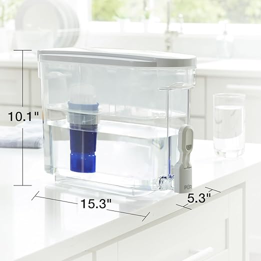 PUR PLUS 30-Cup Water Filter Dispenser with 1 Lead-Reducing PUR PLUS Filter, Dishwasher Safe, Powerful Filtration, Large Capacity with Slim, Space-Saving Design, White (DS1811Z)