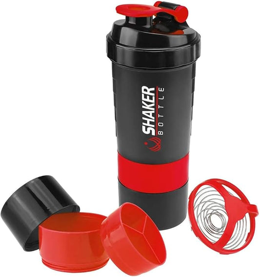 Protein Shaker Bottle,16 oz Shake Cup for protein powder with Storage,Sports Water Bottle,Non Slip 3 Layer Twist Off 3oz Cups with Pill Tray Leak Proof Shake Bottles for Protein Mixes