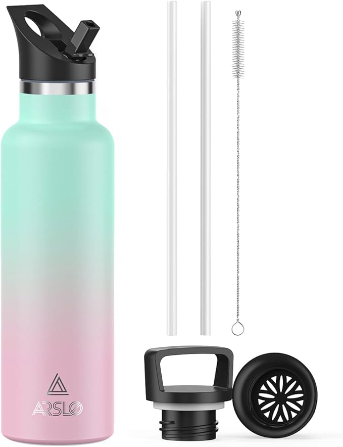 Stainless Steel Water Bottle with Straw - Insulated Water Bottle for Sports, Gym, School, Commute, Adults/Kids - Keep Cold for up to 24 Hours - Sweat/Leak-proof - 2 Lids - BPA Free