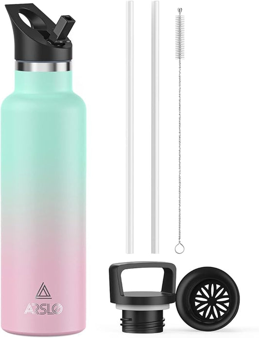 Stainless Steel Water Bottle with Straw - Insulated Water Bottle for Sports, Gym, School, Commute, Adults/Kids - Keep Cold for up to 24 Hours - Sweat/Leak-proof - 2 Lids - BPA Free