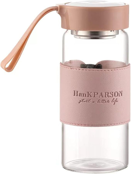 Glass Water Bottles 16 Oz Borosilicate water bottle-with sealing cap and Holsters and filters - BPA free,Men and Women Portable Glass Bottle (Pink)