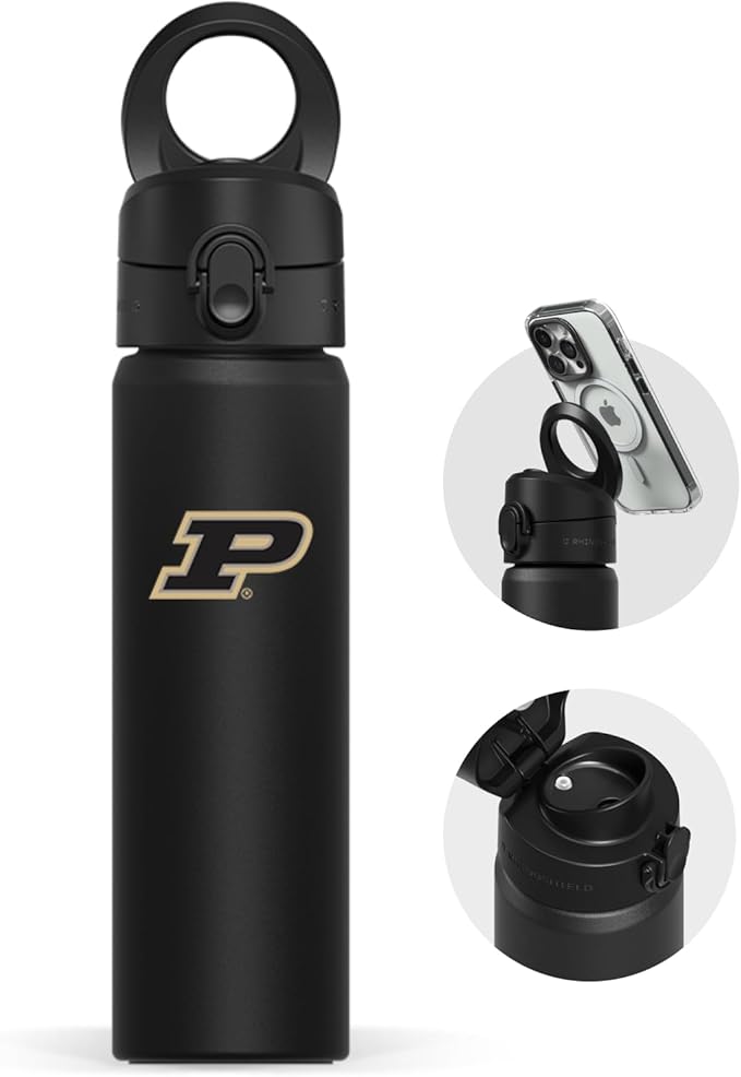 RHINOSHIELD AquaStand Magnetic Bottle 23 oz | Stainless Steel Insulated Sport Bottle w/MagSafe Handle, Adjustable Tripod, Rounded Spout & Leak-Proof - Purdue University - Purdue University Black