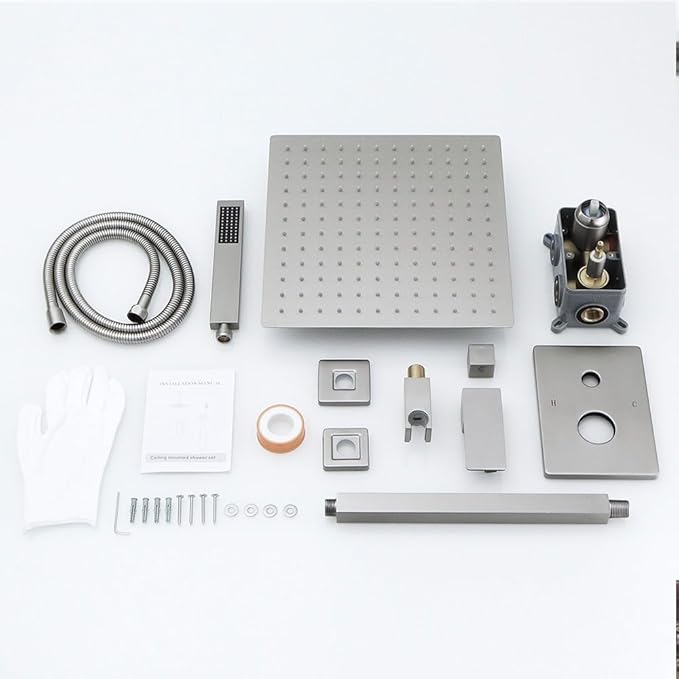 12 Inch Brushed Nickel Ceiling Mount Shower System Bathroom Luxury Rain Mixer Shower Combo Set Ceiling Rainfall Shower Head System Faucet Contain Rough-in Valve and Trim Included