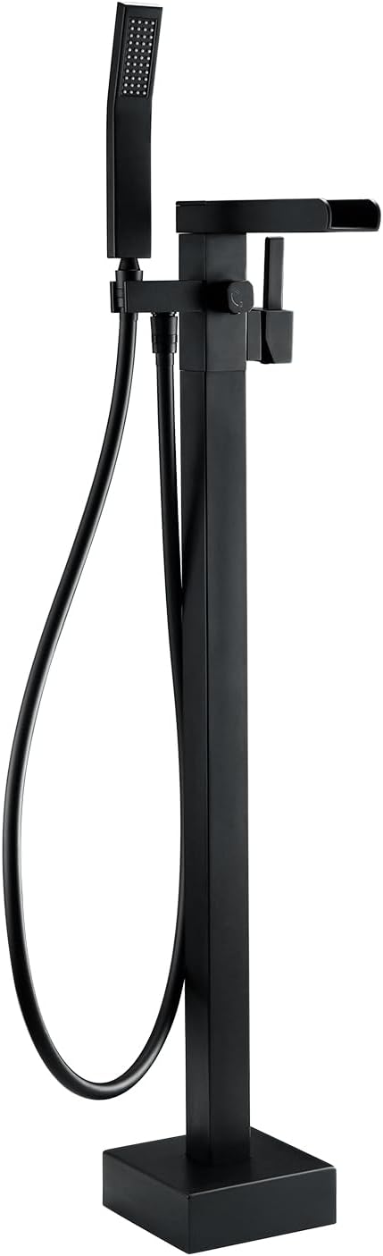 BAGNOLUX Solid Brass Floor Mount Bathtub Faucet Free Standing Tub Faucet Freestanding Tub Filler Black with Hand Shower High Flow Rate Swivel Spout Set, YGSLT-Waterfall Black