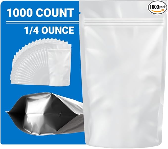 Mylar Bags Odor Sealing 1/4 Ounce All White - 1000 Count 6.7" x 4" 6mill Thickness - Packaging Bags - Mylar Bags For Food Storage - Resealable Bags - Odor Sealing Bags