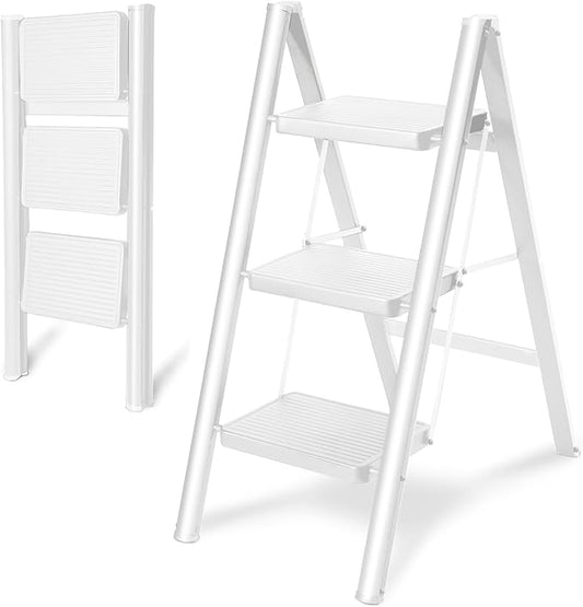 Double Elite Step Ladder 3 Step Folding, Sturdy 330 Lbs Load Step Stool for Adults, Safer Full Steel Kitchen Closet Ladder for Home, Multi-use Small Step Stool Ladder with Anti-Slip Wide Pedals, White