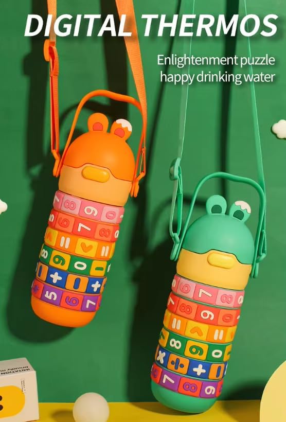 Numbers and Maths Symbols Design Kids' Water Bottle with Straw for School or Travel; 15oz (430ml) Stainless Steel Vacuum Insulated; Portable Handle with Detachable Buckle (Green), CZMX-30031