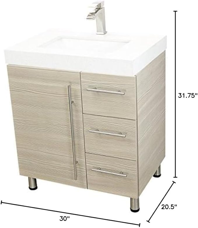 30" Freestanding Bathroom Vanity, Tan. White Integrated Countertop