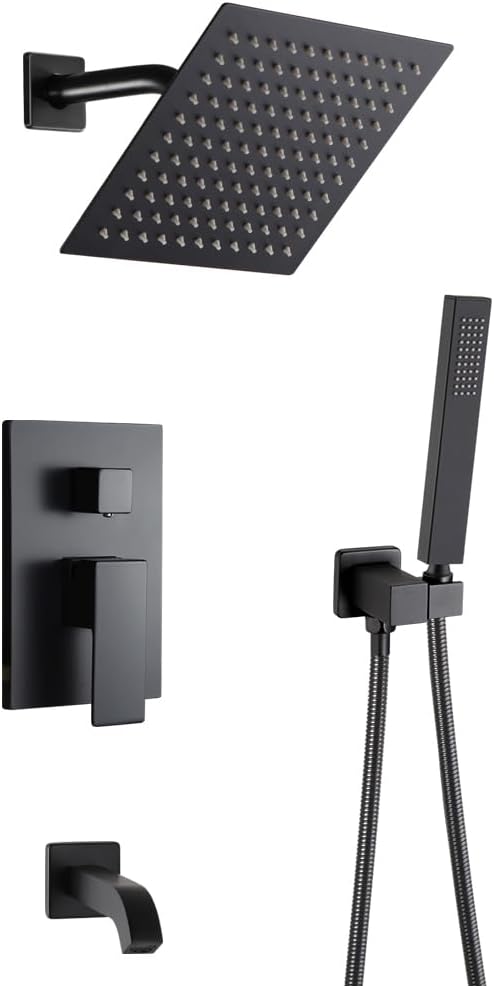 POP SANITARYWARE Matte Black Shower Faucet Set with Tub Spout Bathroom Rainfall 8 Inch Shower Head System with Handheld Single Handle Shower Trim Kit with Valve