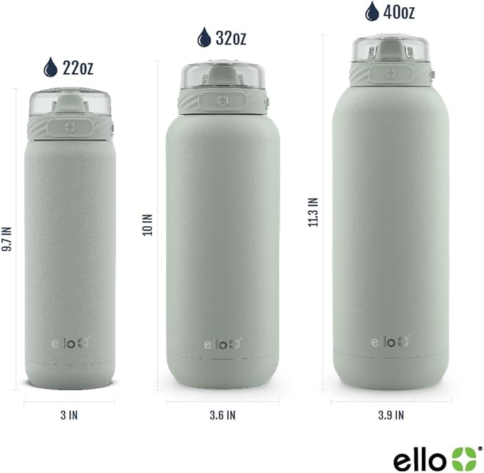 Ello Cooper 40oz Stainless Steel Water Bottle with Straw and Carry Handle, Double Walled and Vacuum Insulated Metal, Leak Proof Locking Lid with Soft Silicone Spout, Reusable, BPA Free, Sage