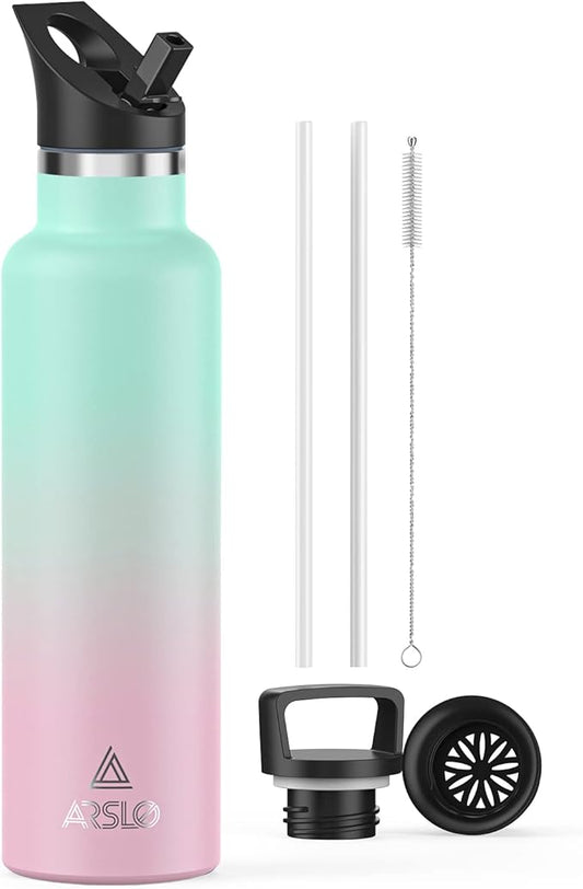 Stainless Steel Water Bottle with Straw - Insulated Water Bottle for Sports, Gym, School, Commute, Adults/Kids - Keep Cold for up to 24 Hours - Sweat/Leak-proof - 2 Lids - BPA Free