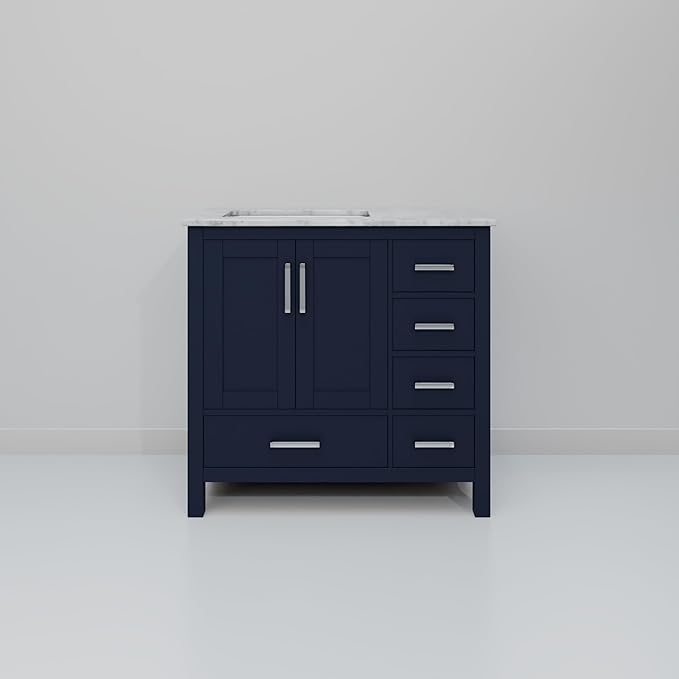 Big Sur 36 in. W x 22 in. D Left Offset Navy Blue Bath Vanity and Carrara Marble Top