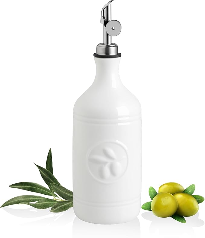 Sweejar 16 Oz Ceramic Olive Oil Dispenser Bottle, Oil Dispenser for Kitchen with Gravity Spout, Relief Opaque Oil Container for Evoo, Avocado Oil, Vinegar, Soy Sauce, 1 Pack(White, Silver Spout)