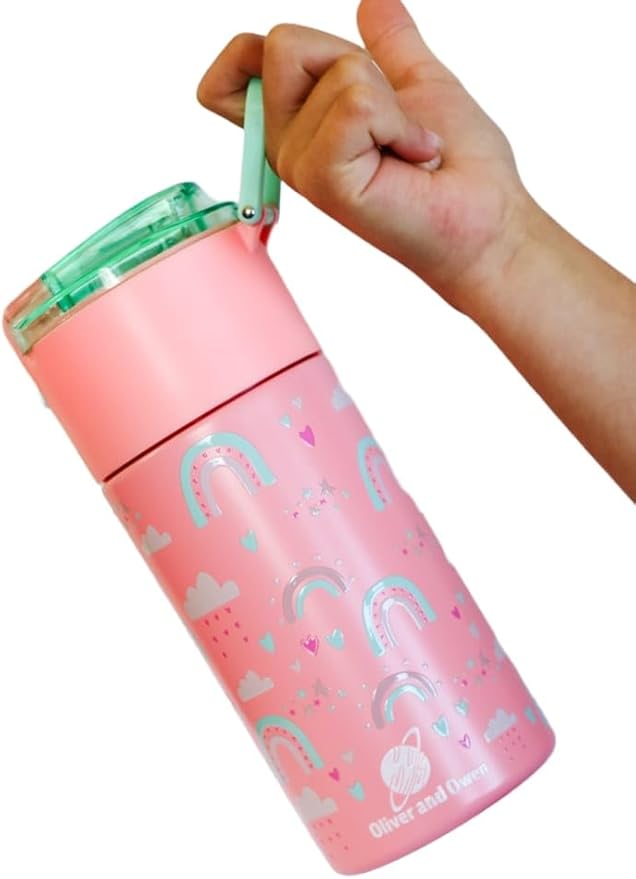 Kids insulated water bottle with straw and snack cup. Double wall stainless steel 14oz (Hot peach and light turquoise green rainbow)