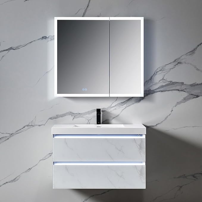 Blossom LED Mirror Medicine Cabinet with Lights, 36x32 Inch | Wall Mounted LED Lighted Bathroom Medicine Cabinet | Recessed or Surface with Defogger, 3 Color Dimmer | Makeup Mirror with Lights