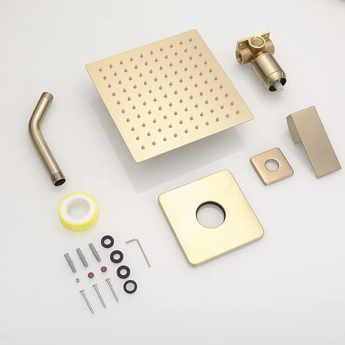 Shower Faucet Set Brushed Gold, Bathroom Rainfall Shower System with Stainless Steel Rain Shower Head, Single Function Shower Trim Kit with Rough-in Valve