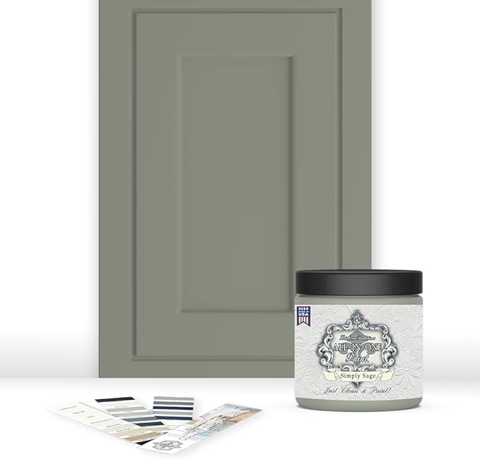 ALL-IN-ONE Paint, Durable cabinet and furniture paint. Built in primer and top coat, no sanding needed. Includes our 30 featured color card - Simply Sage (gray green), 8oz Sample