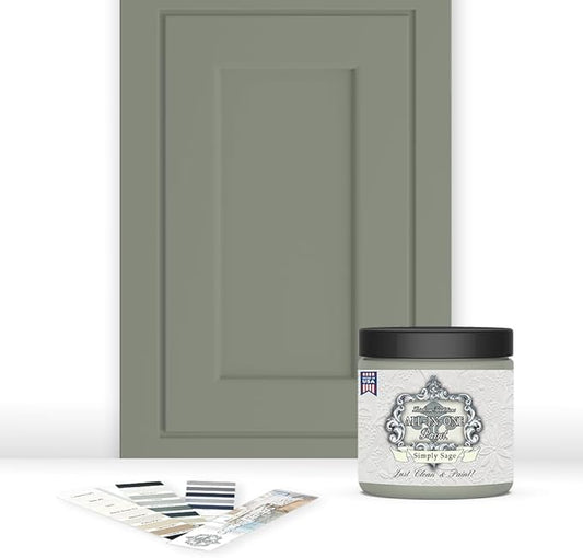 ALL-IN-ONE Paint, Durable cabinet and furniture paint. Built in primer and top coat, no sanding needed. Includes our 30 featured color card - Simply Sage (gray green), 8oz Sample