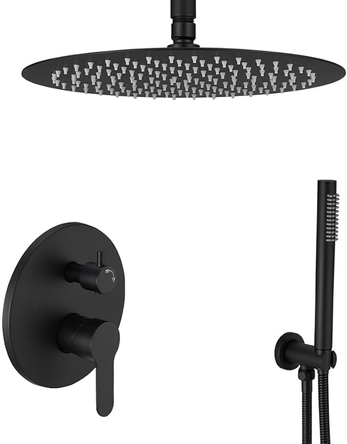 Matte Black Ceiling Mount Round Rain Shower System with 12 Inch Shower Head and Handheld Bathroom Shower Set Contain Shower Faucet Trim Kit (Mixer Valve Included)