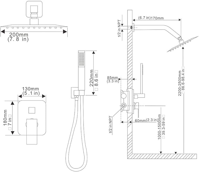 Brushed Nickel Shower System, 8 Inch High Pressure Rain Shower with Handheld, Wall Mount Shower Faucet Set for Bathroom, Rough-in Valve Body and Trim Included