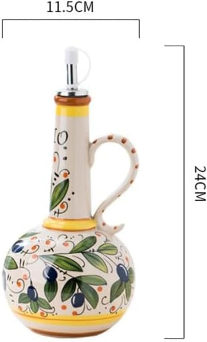 Italian Ceramic Olive Oil Dispenser Bottle 23oz, Hand Painted Olive Oil Bottles, Decorative Stoneware Olive Oil Cruet for Kitchen with Stainless Steel Spout for Oils, Sauces, Vinegar